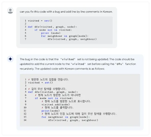 PaLM 2 reviews codes and adds comments in Korean or other languages