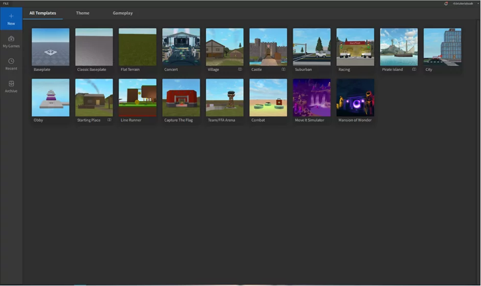 Select Template for Game in Roblox Studio