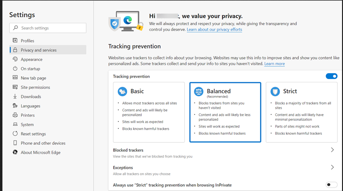 Edge Browser Privacy Functions