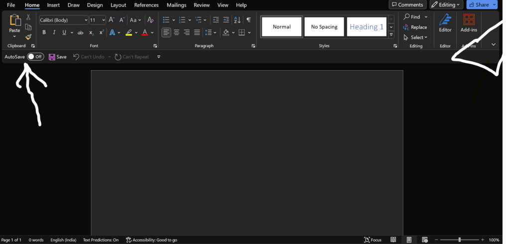 Open Word, a blank document, and go to “AutoSave”, by sliding the button on the side, in the Quick Access Toolbar