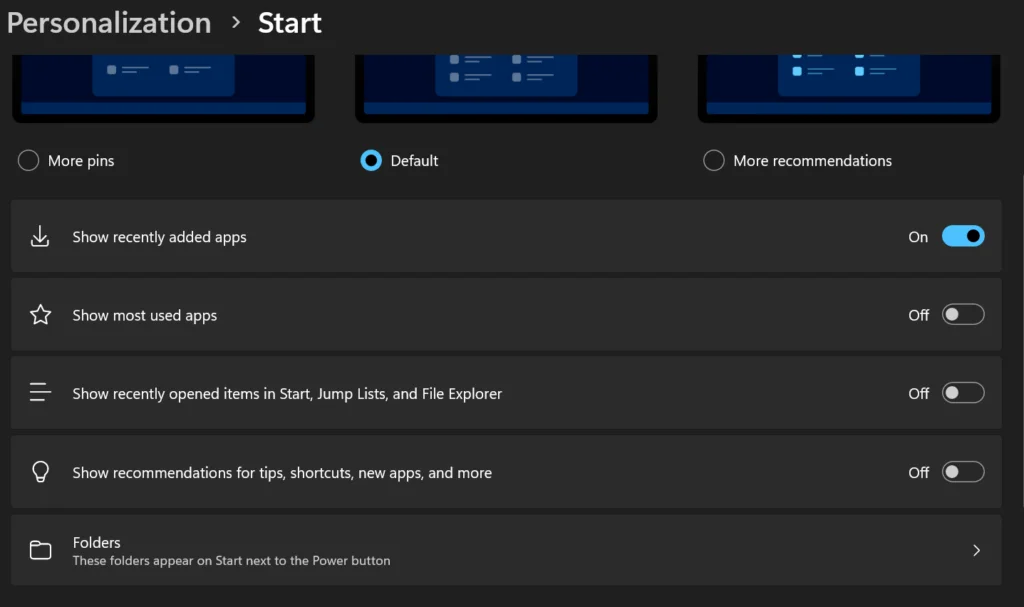 Enable or disable the “Show most used apps”