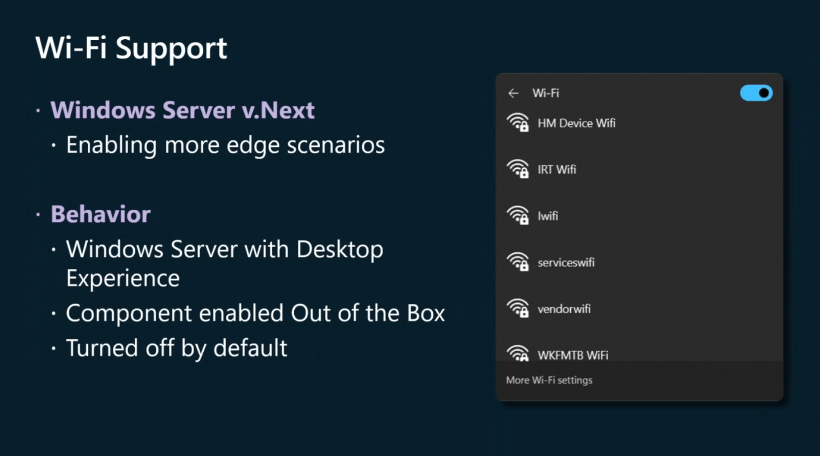 Flyout interface to select WiFi network in Windows Server 2025