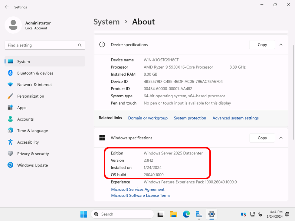 Windows Server 2025 operating system name visible in the Settings app