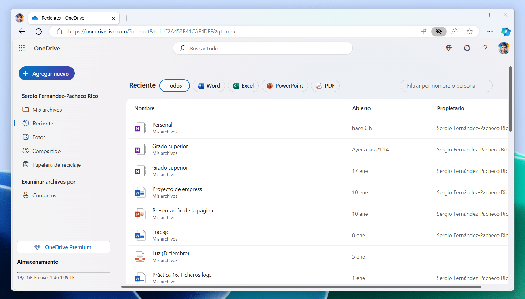 Recent files in OneDrive