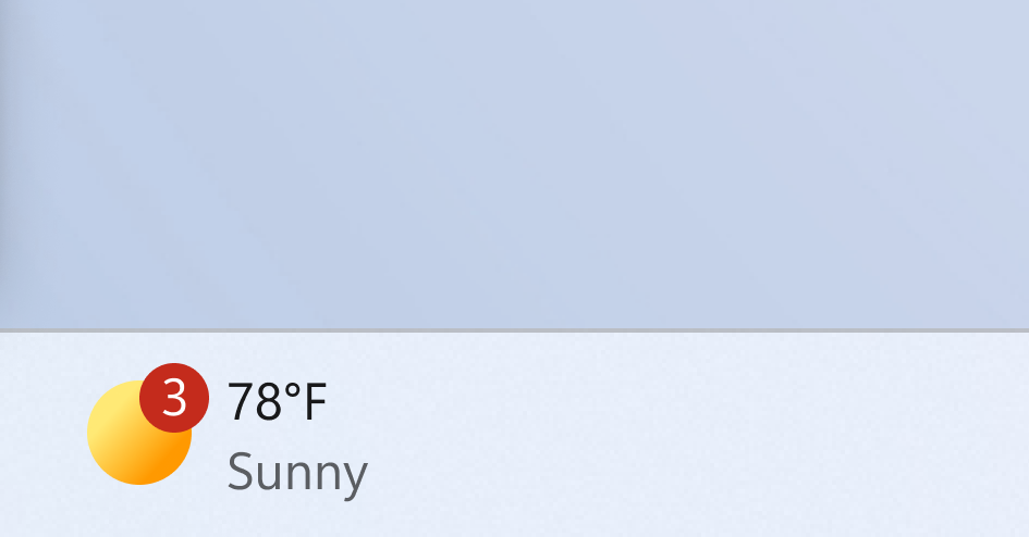 Widgets badge on taskbar showing three missed notifications