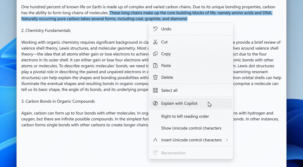 Explain with Copilot option in Windows 11 Notepad