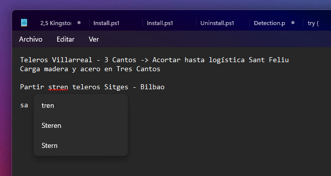 Suggestion for correction in a word underlined in red as it is misspelled. Suggestions appear under the word in Windows 11 Notepad.
