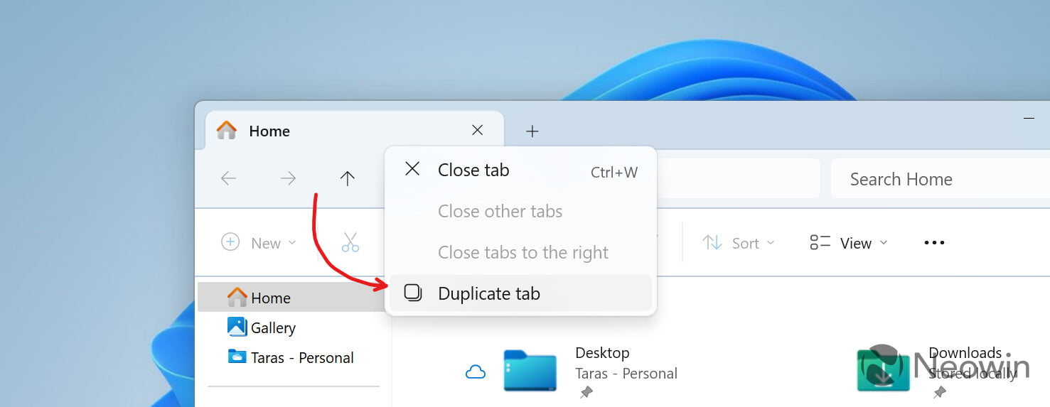Menu to duplicate tabs in Windows 11 File Explorer