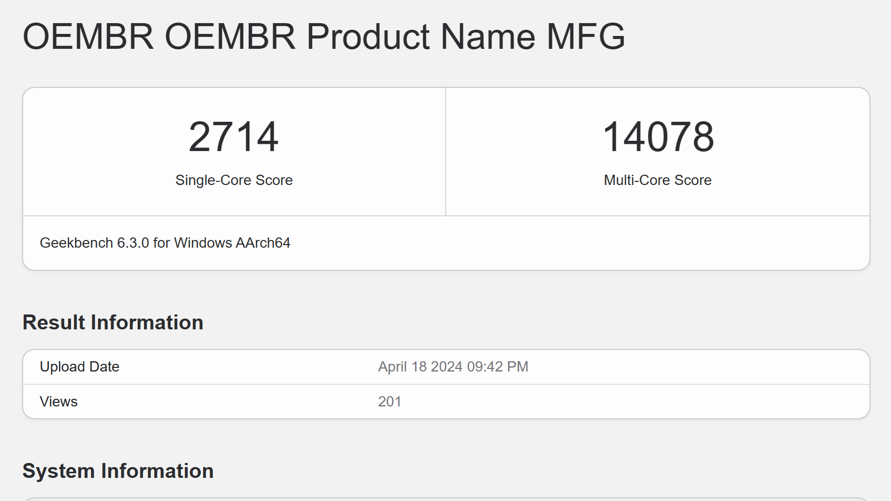 Geekbench result for Snapdragon X Elite on Surface Laptop 6. Score 2,714 in Single-Core and 14078 in Multi-Core