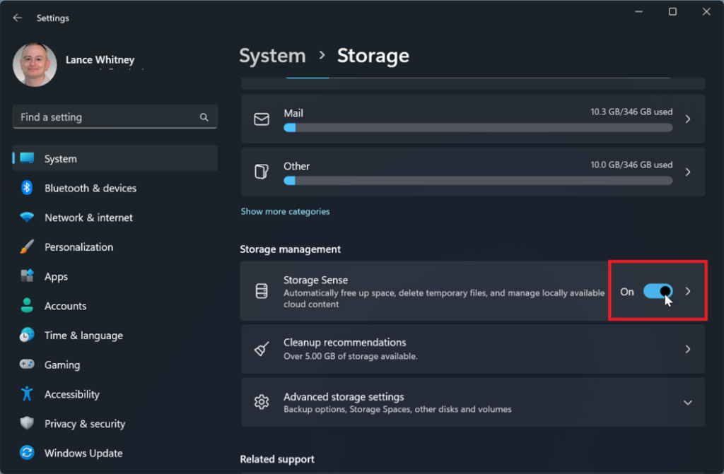 Manage storage with the Storage Sence.