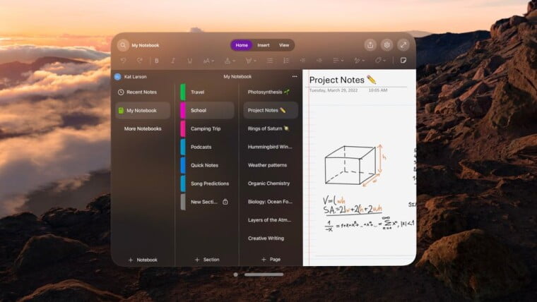 OneNote on Vision Pro