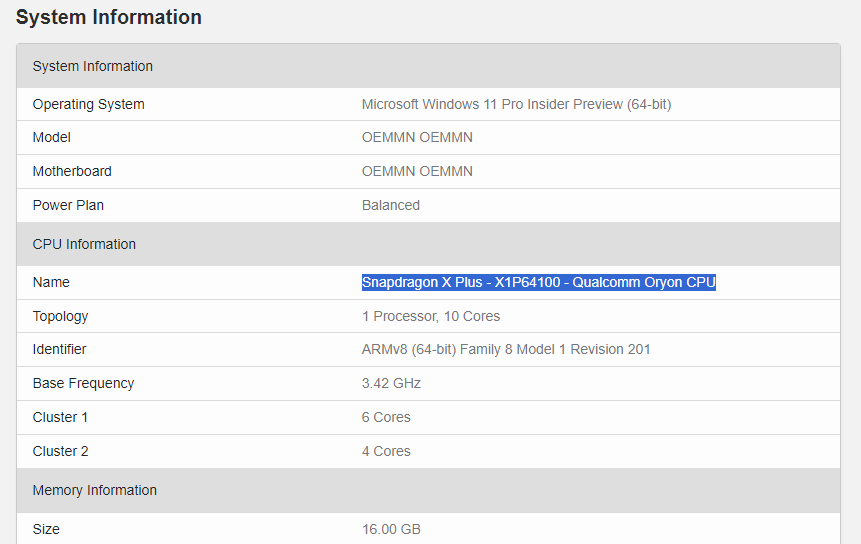 Geekbench benchmark for the Surface Pro 10 with Snapdragon