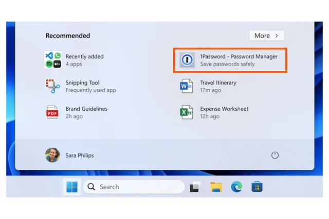 1Password download recommendation in the Recommendations section of the Windows 11 Start Menu