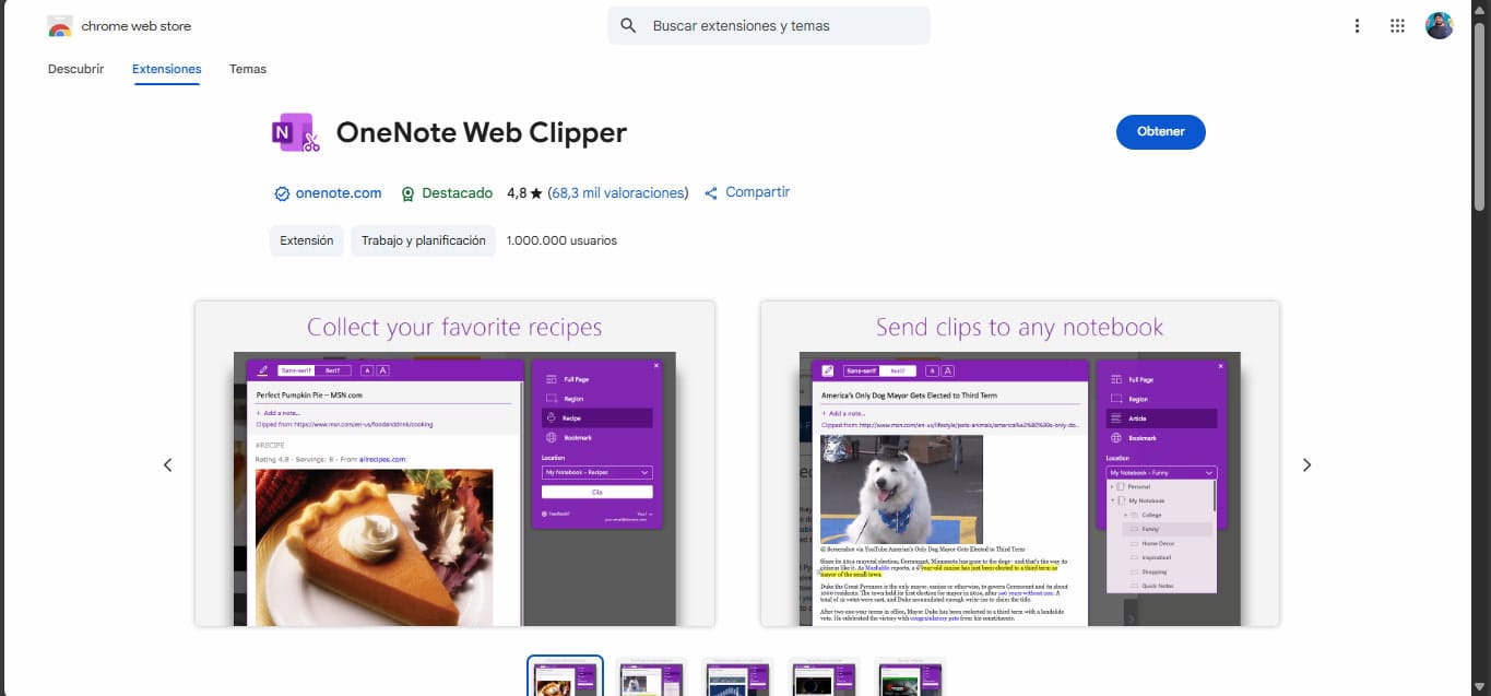 Image of the extension OneNote Web Clipper