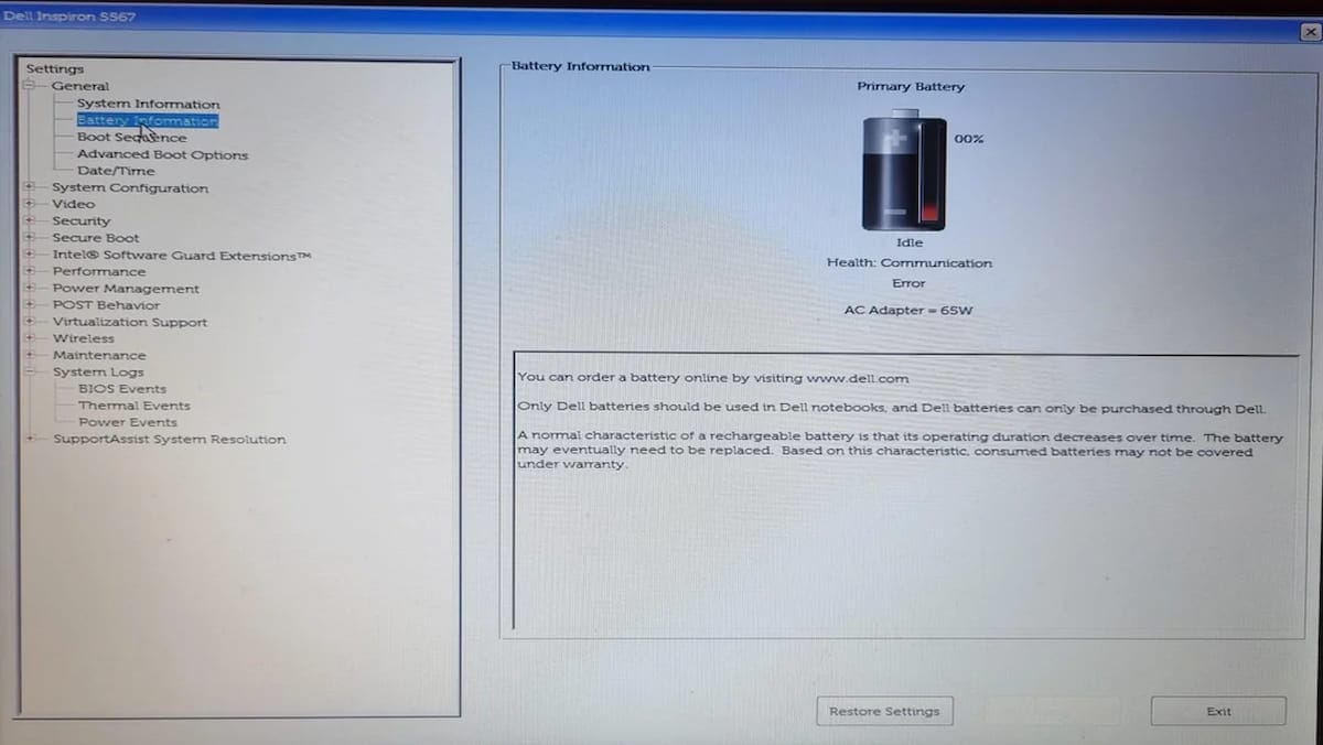 Image of battery health in the BIOS