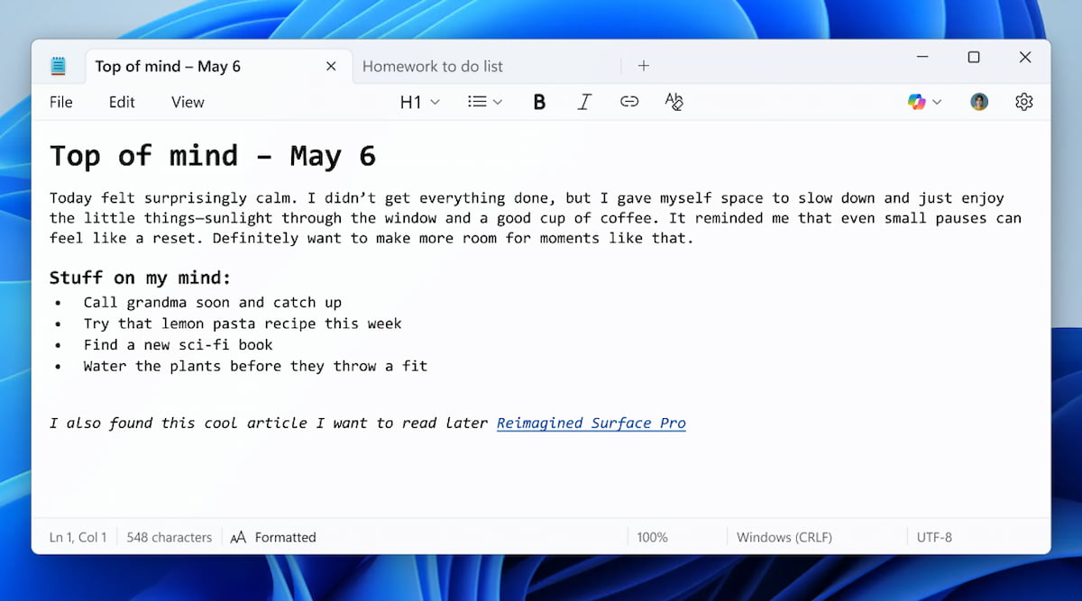 Image of the new Windows notes bloc