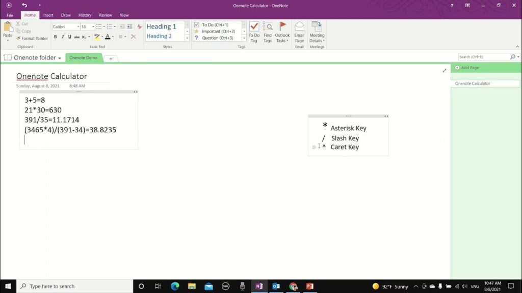 Built-in Calculator in OneNote