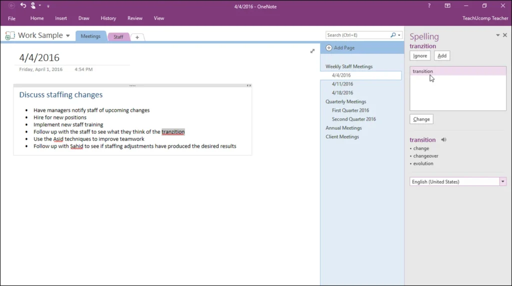OneNote Spelling Check