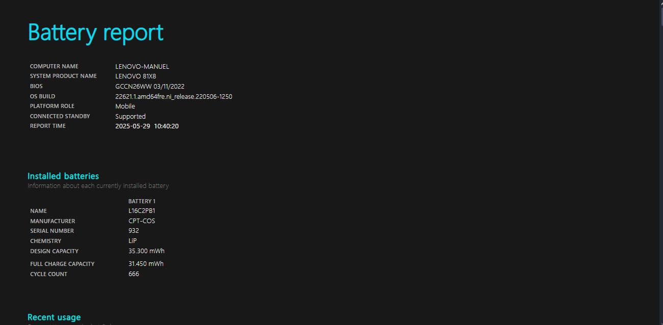Image of the battery report on Windows