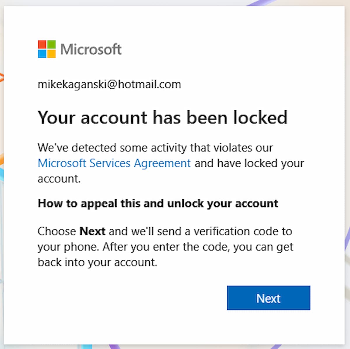 Image of the blocked account message that Kaganski received