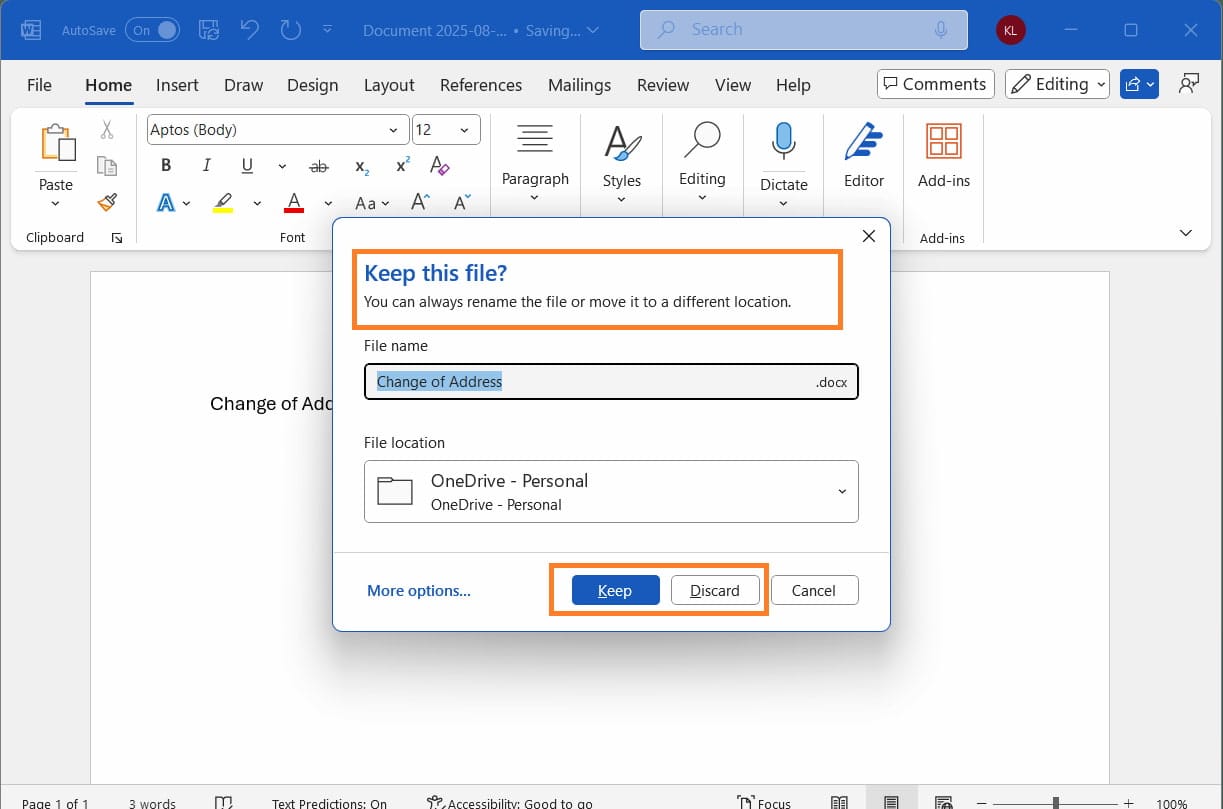 Image of the most recent change of Word