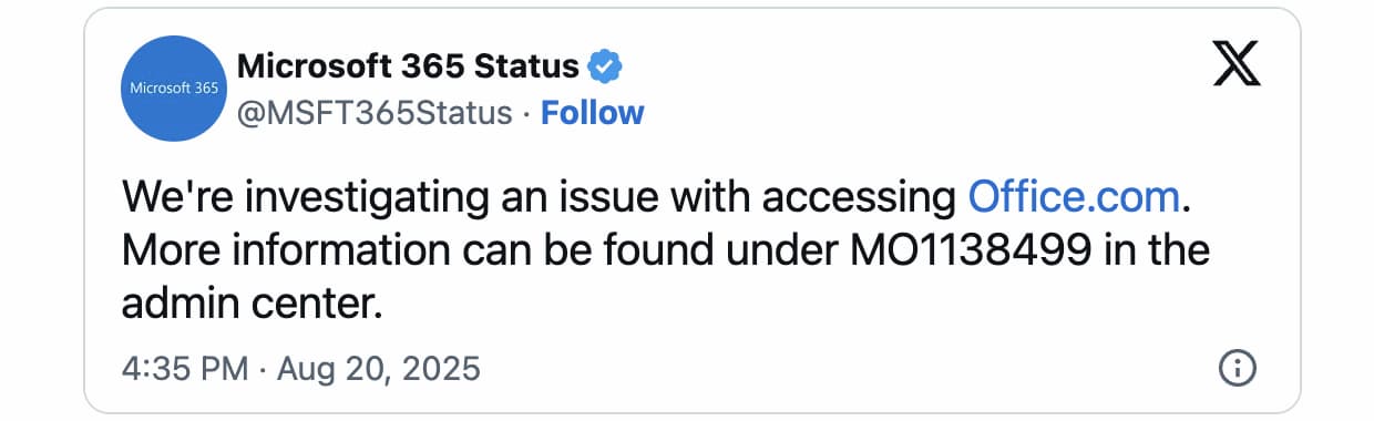 Image of a post in X of the Microsoft 365 status account
