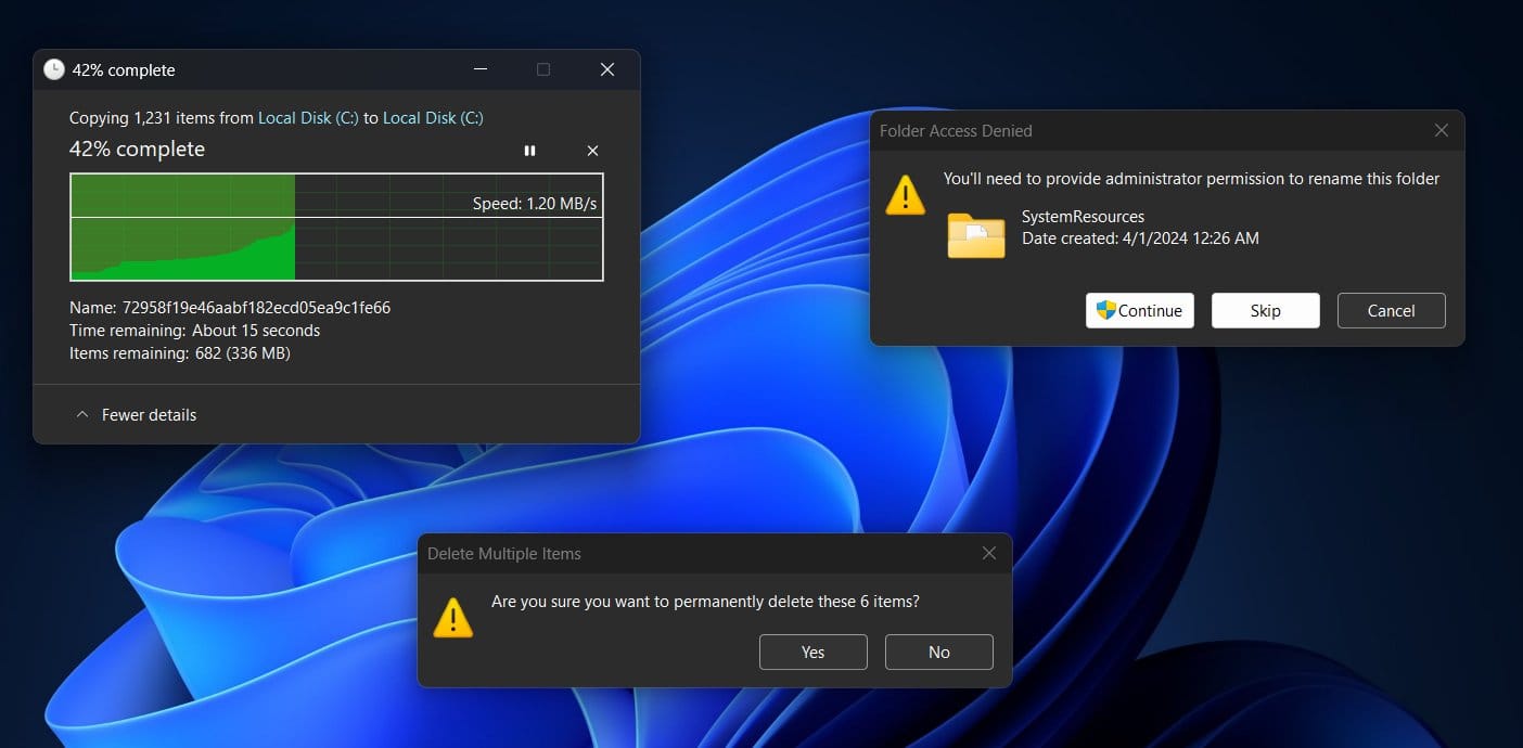 Operations dialog boxes on Windows 11 adopting dark mode