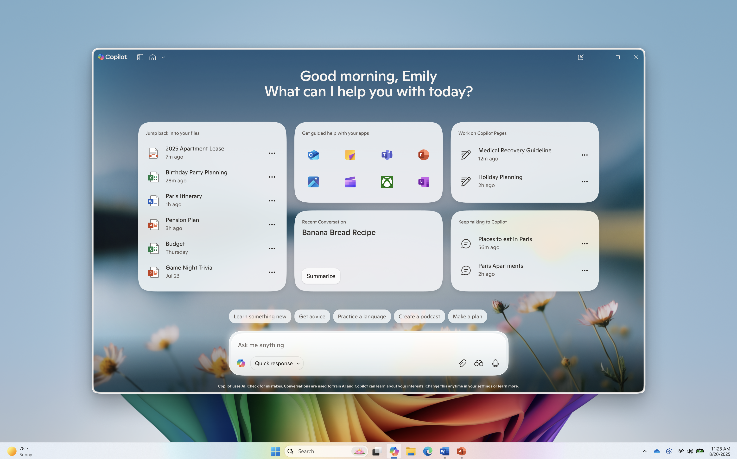 Design of the new Copilot Home page in Windows with recent files
