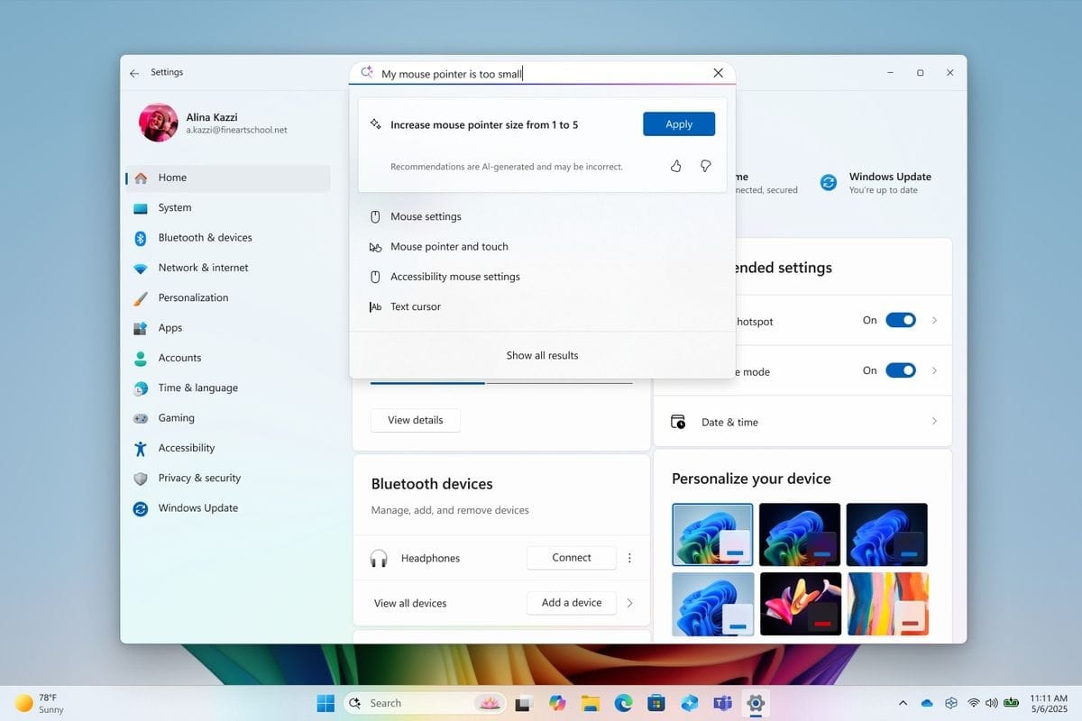 Example of how an AI agent works in the Windows 11 configuration app
