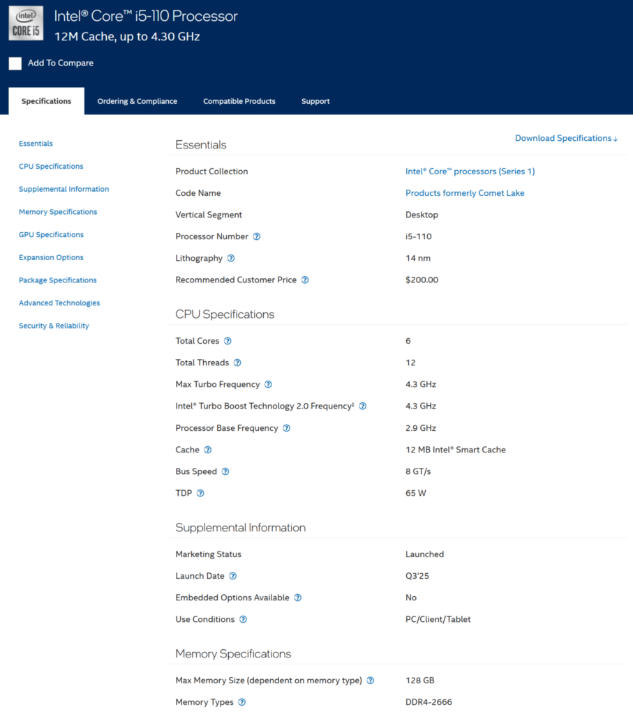 Core i5-110 Specs