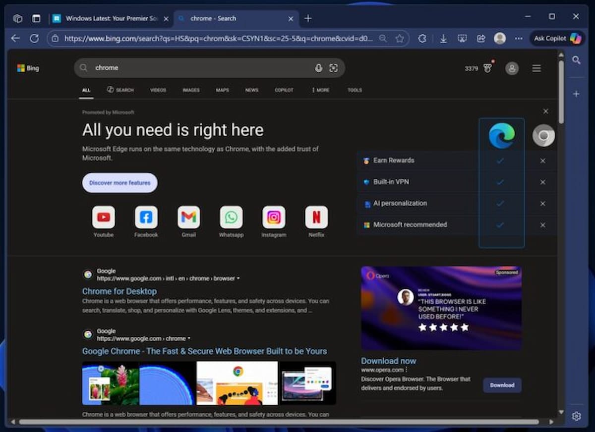 Edge advertising image when downloading chrome