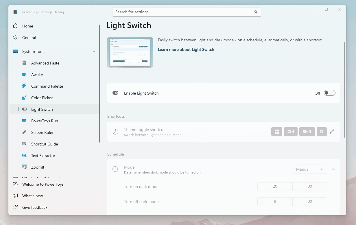 Powertoys light switch configuration