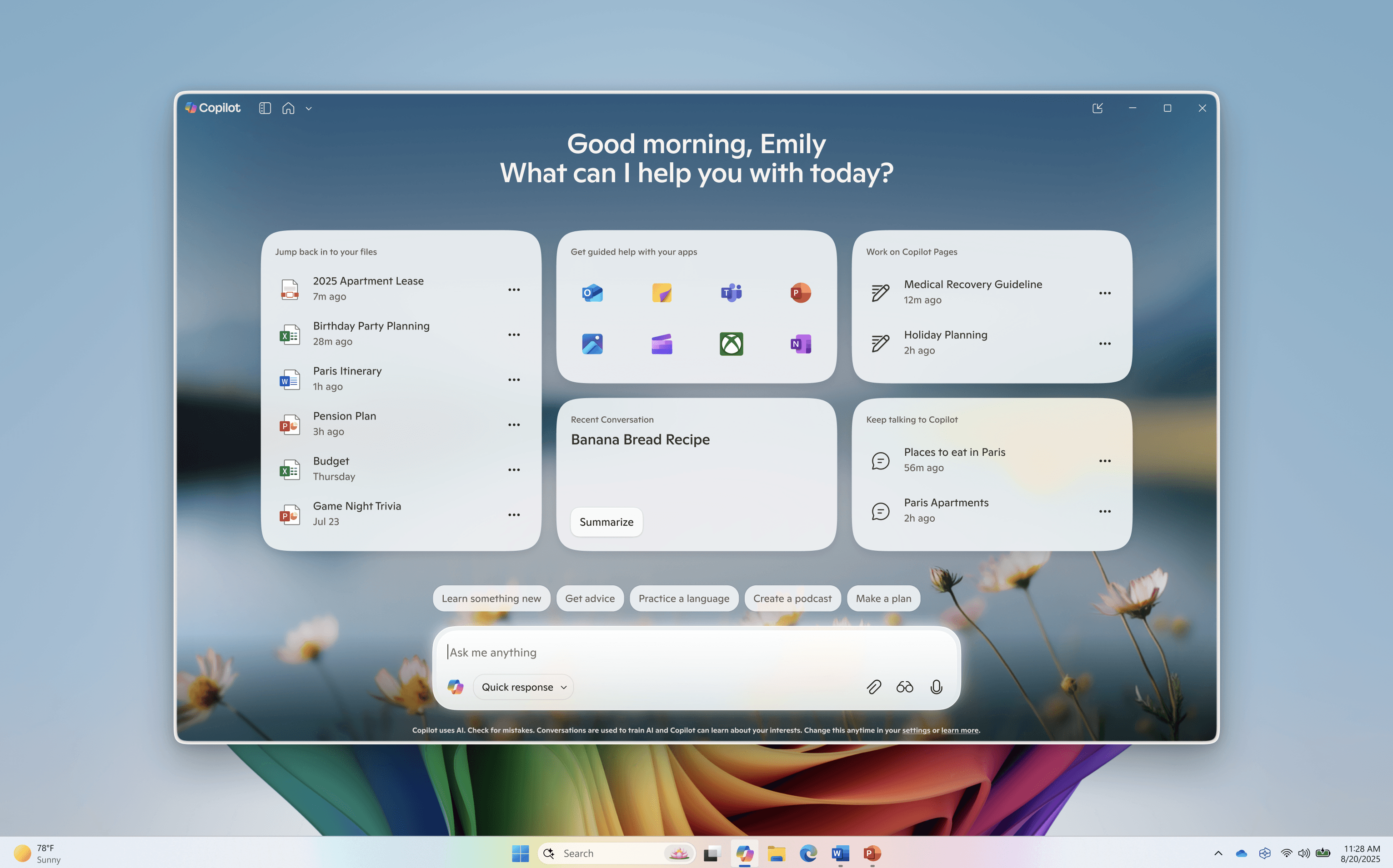 Design of the new Copilot Home page in Windows with recent files