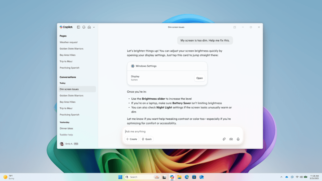 Access to direct settings in Windows