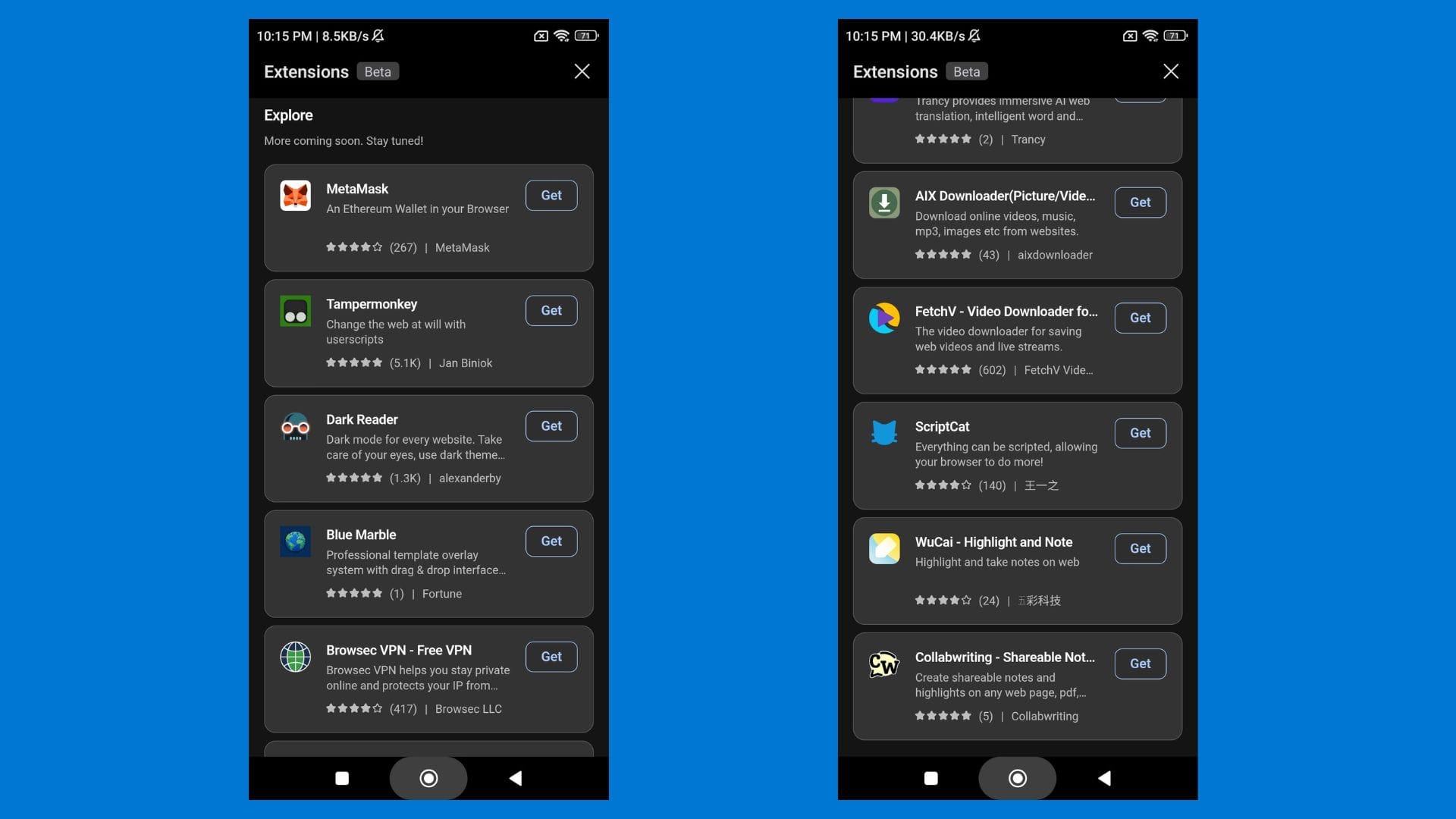 Extensions in Edge Canary on Android