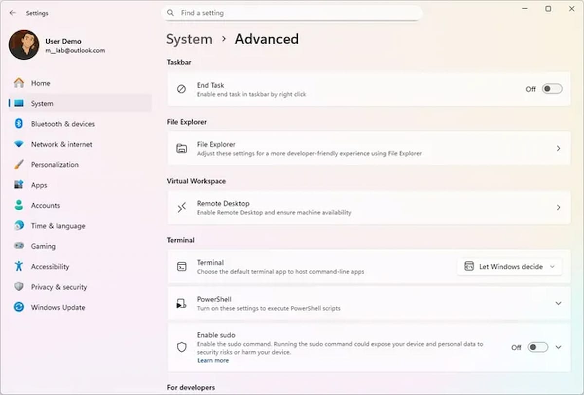 Image of the new advanced option in system
