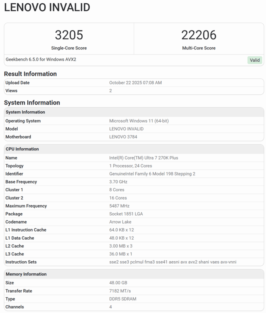 First Intel Core Ultra 200 Plus CPU appears in tests on Geekbench