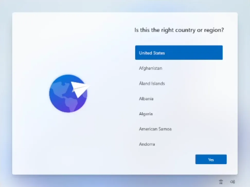 Country Selection in Windows 11 Setup
