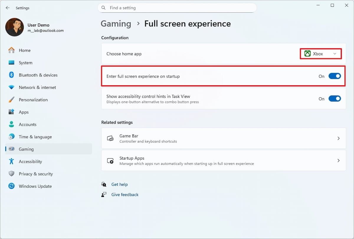 Image showing the Xbox Full Screen Experience settings on Windows