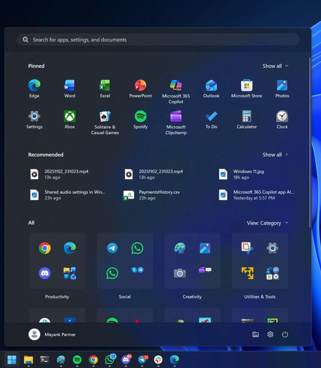 Image of the new Windows 11 start menu