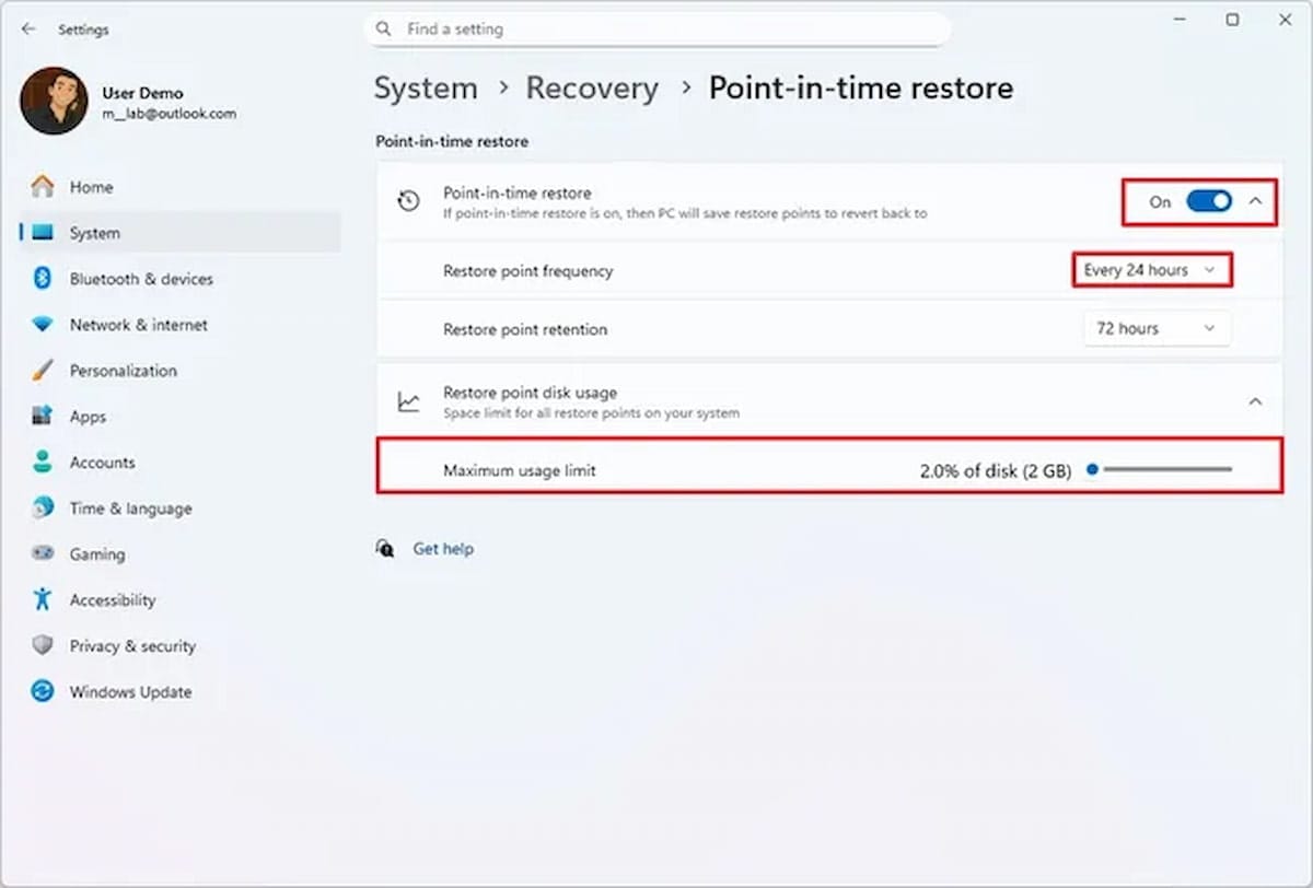 Image of the restore function settings at a point in time in Windows