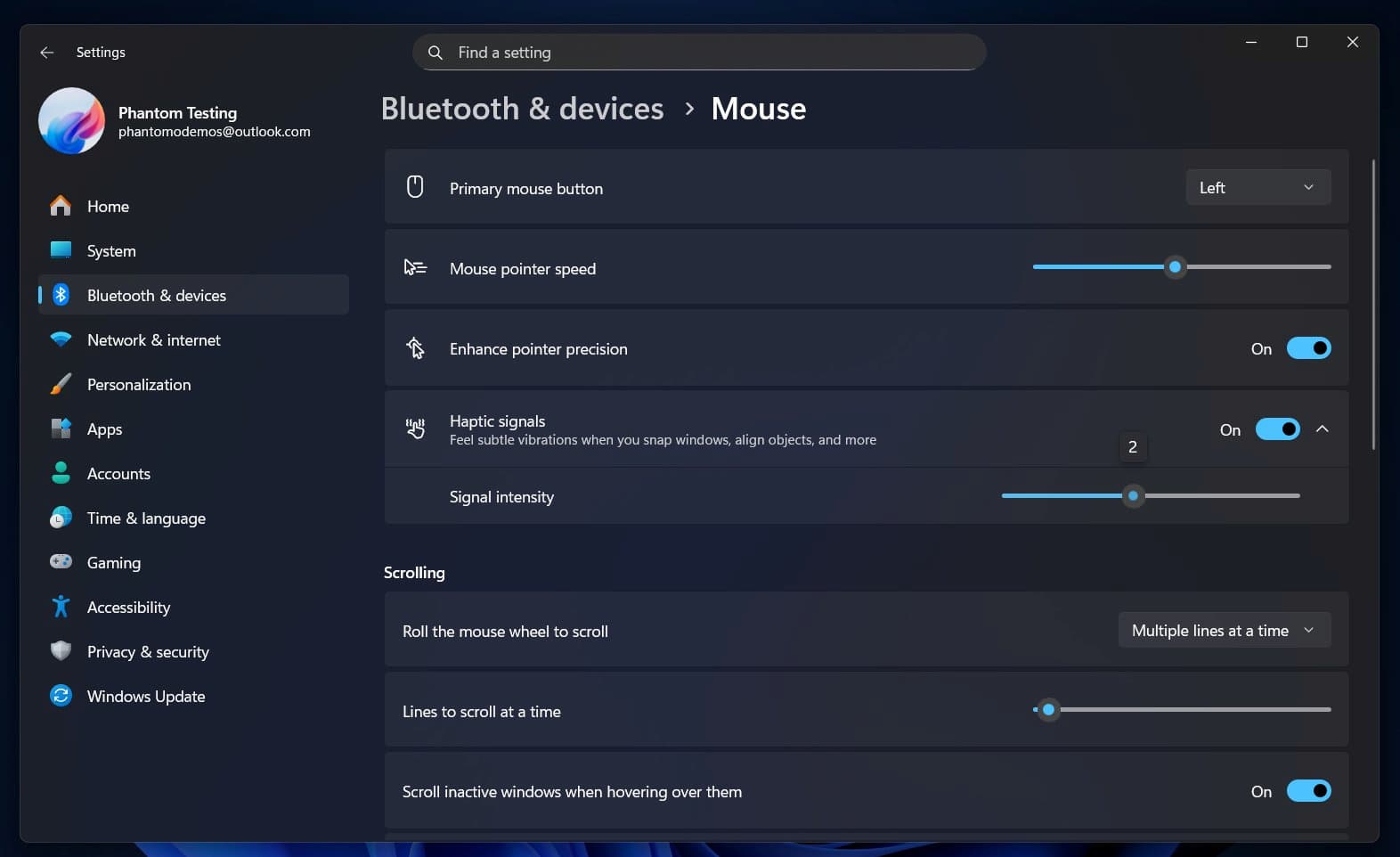Image of Windows 11 Settings showing haptic feedback
