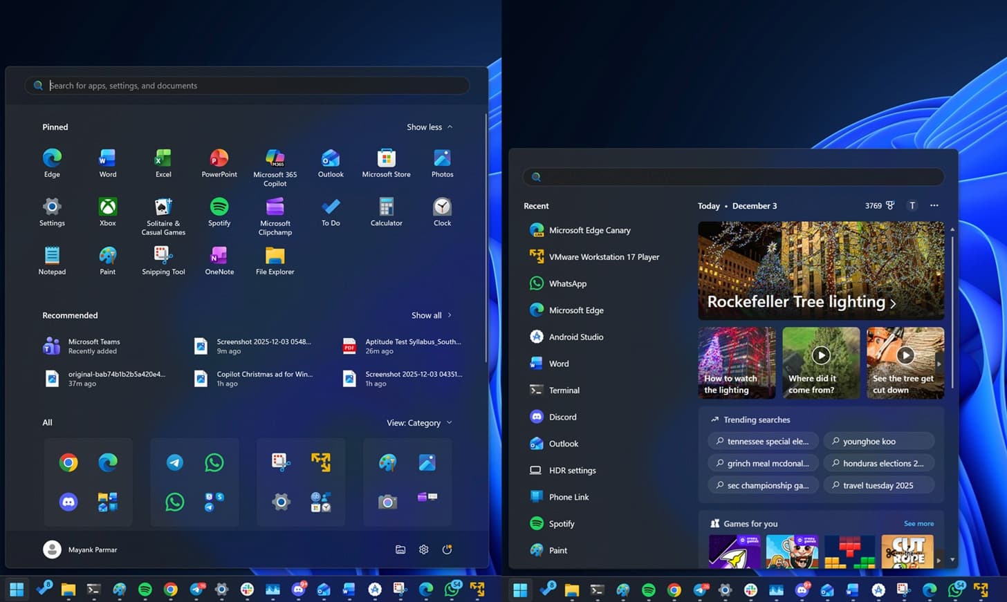Image comparing the old Windows 11 search interface with the start menu