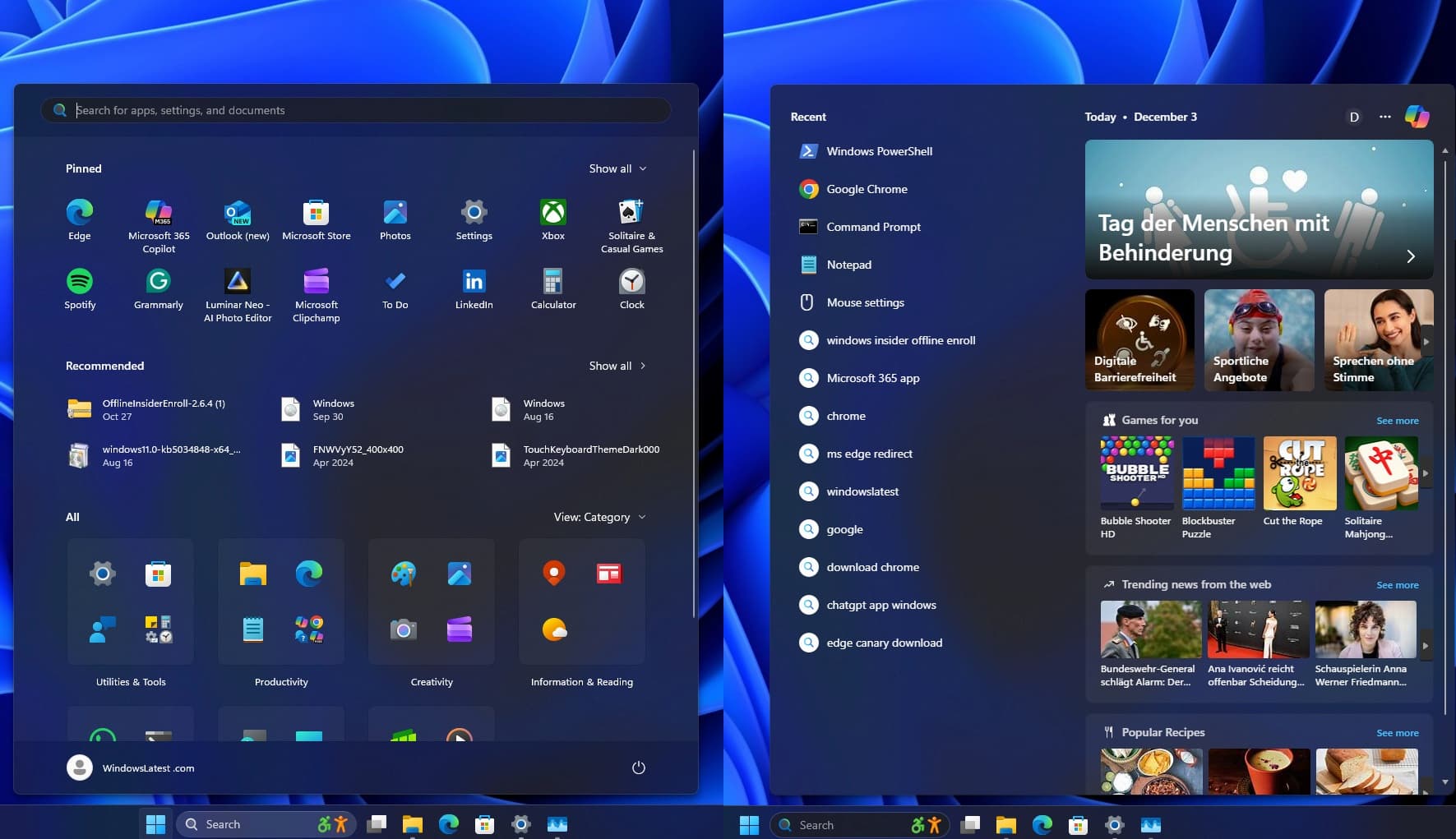 Comparison image of the new Windows 11 search interface