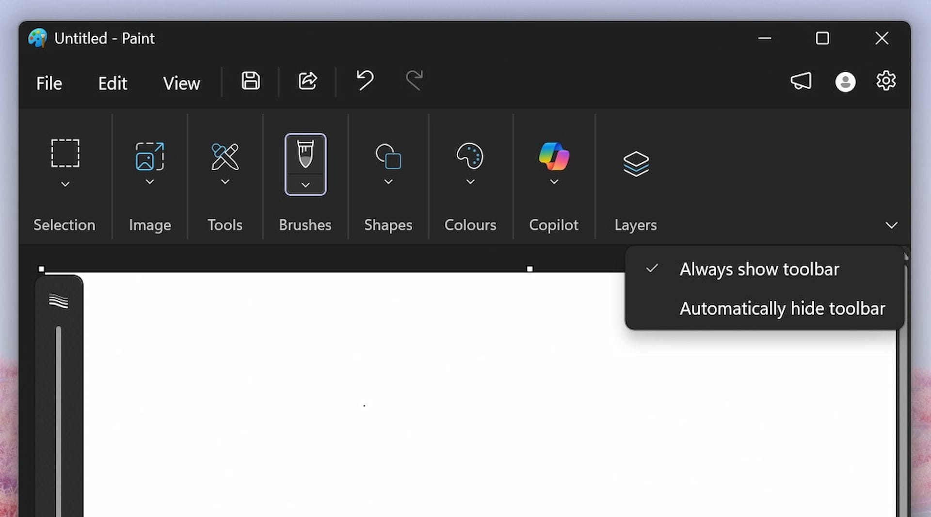Image where you can see the possibility of hiding the toolbar in Paint