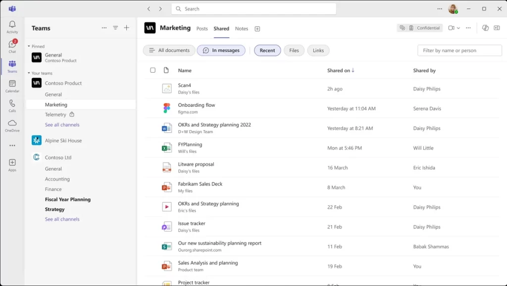 New Shared tab interface in Microsoft Teams organizing files and links by date.