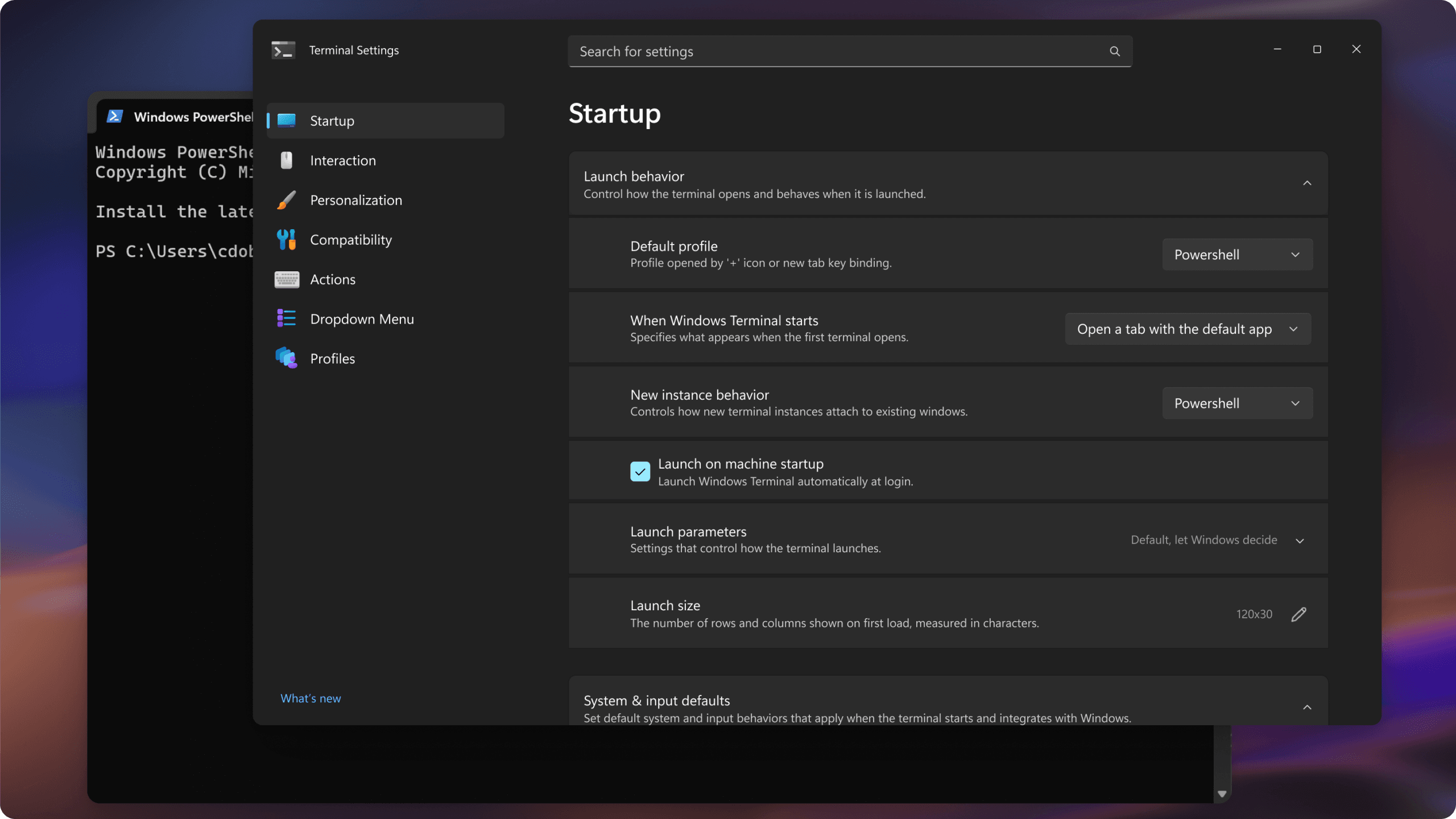 The new Terminal design in settings