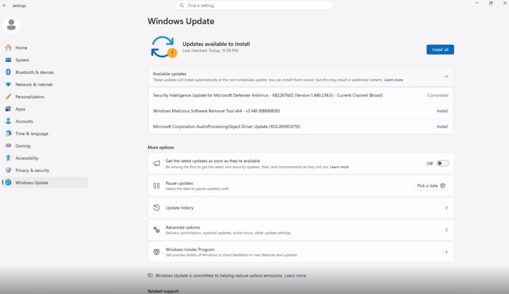 Available updates grouped in Windows Update