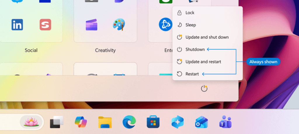 "Shut down" and "Restart" options always available even if we have pending Windows updates