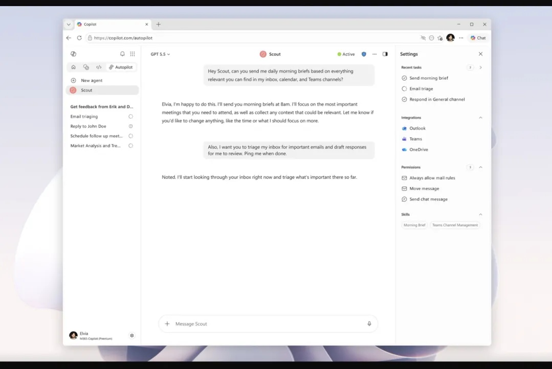 Real interface of Microsoft Scout, Microsoft's AI assistant for the work environment
